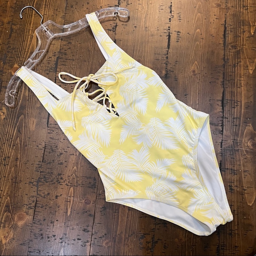 L.A.Hearts Yellow White Palm Leaves Tropical Print Lace Up One Piece Swimsuit